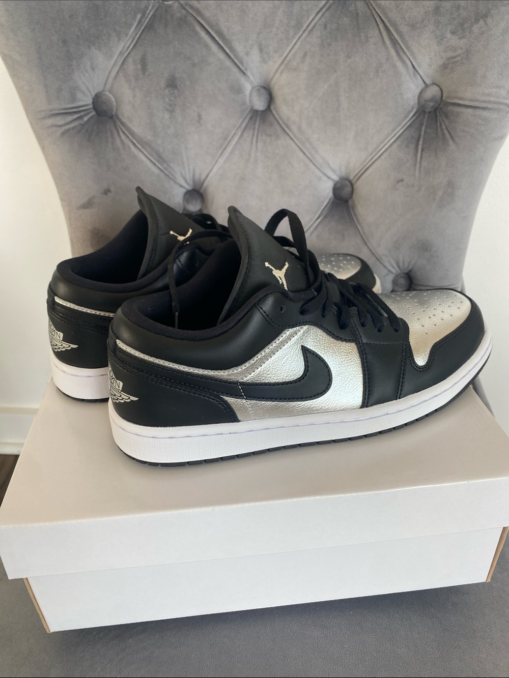 NWT Women’s Jordan 1 Low SE Black and Metallic Silver Low Top Sneakers - Picture 7 of 17